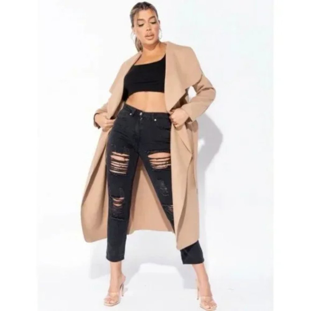 1 DAY SALE! Camel Wool Blend Oversized Belted Long Maxi Waterfall Collar Coat - Picture 4 of 9